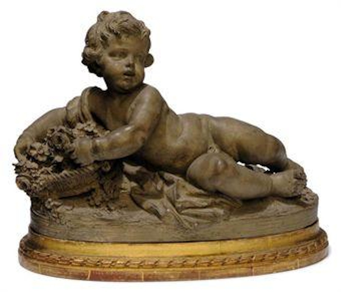 A French Terracotta Model Of Cherub With A Basket Of Flowers by Albert-Ernest Carrier-Belleuse