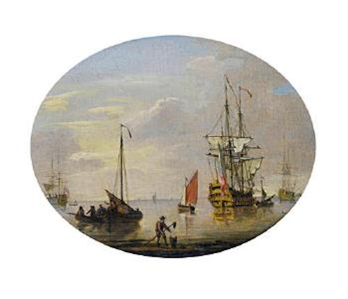 An English frigate anchored offshore in a calm and drying her sails, with small craft nearby by Francis Swaine