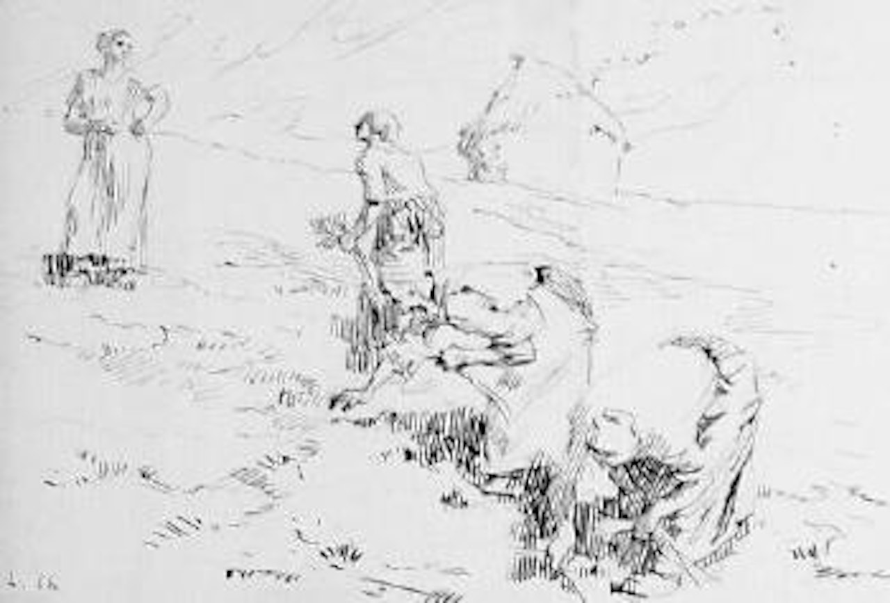 Gleaners and figures in a tavern by Léon Augustin Lhermitte