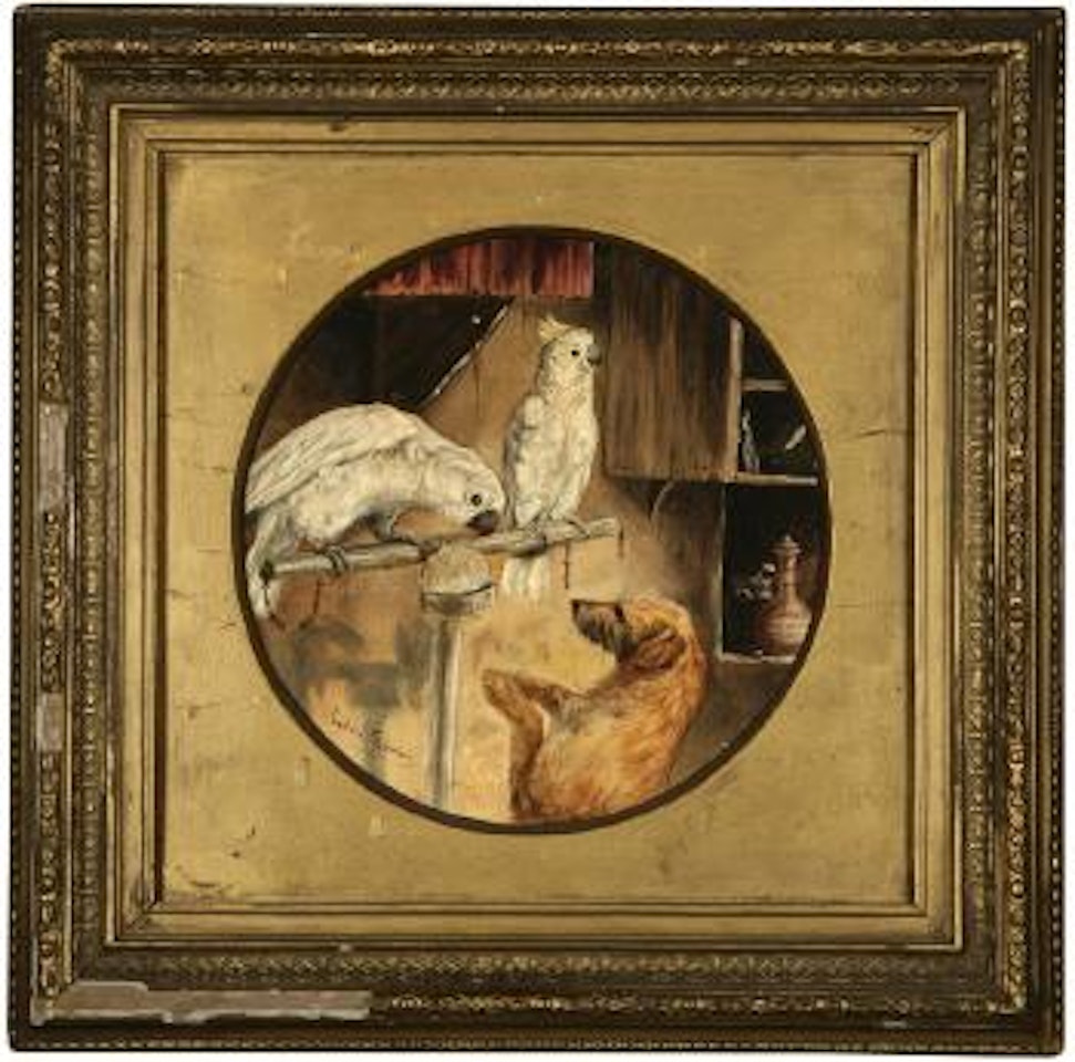 A pair of sulfur crested cockatoos and a terrier by John Emms