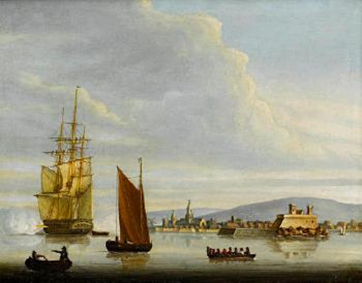 A frigate announcing her departure from a Continental port by Francis Swaine