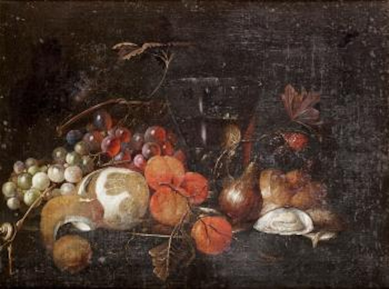 A still life of grapes, a peeled lemon and apricots on a silver dish, a roemer ofwhite wine, figs, oysters blackberries and a bread roll with a snail on a stone ledge by Jan Pauwel Gillemans