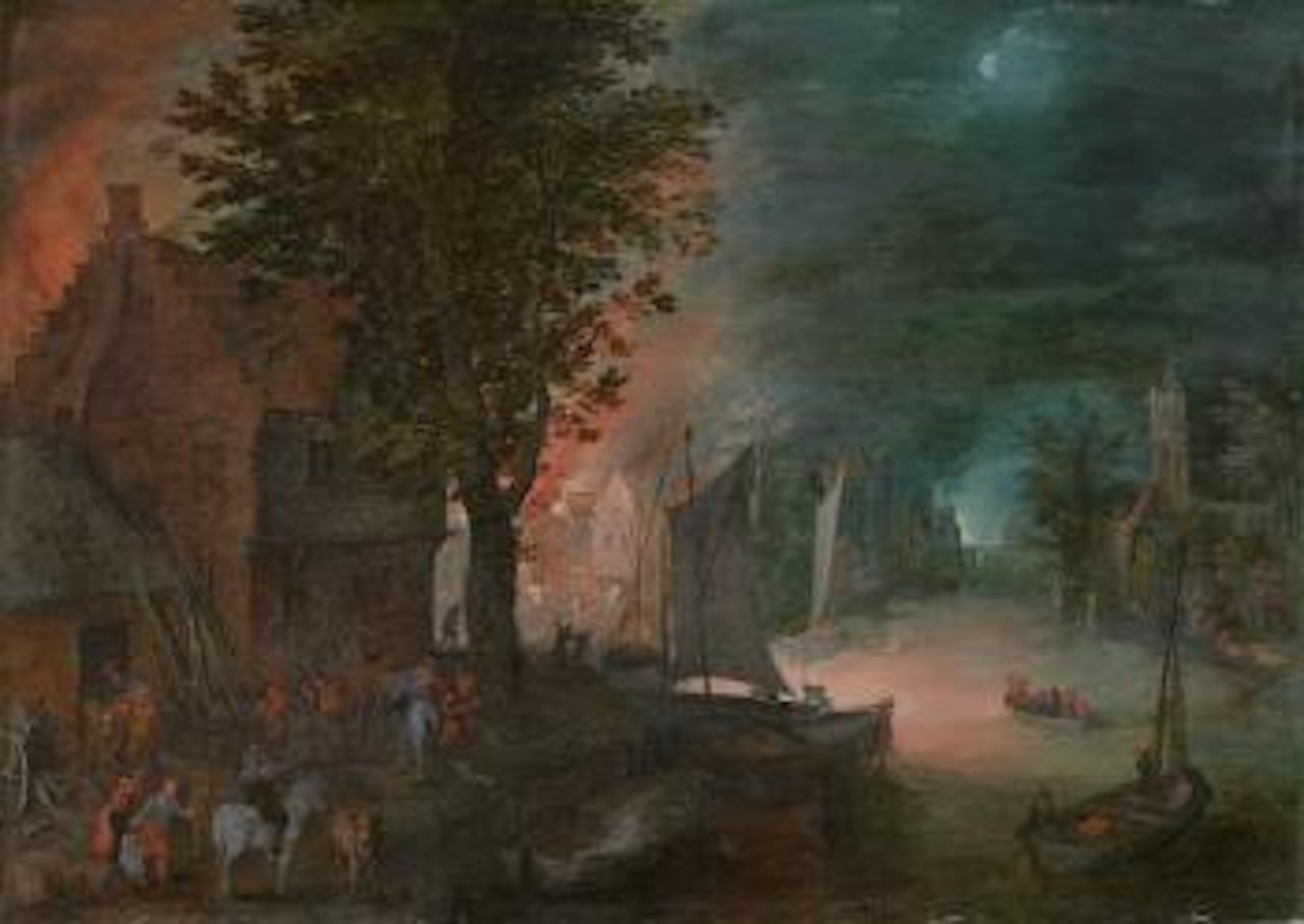 A village fire at night with numerous figures and vessels on a river by Jan Brueghel the Younger