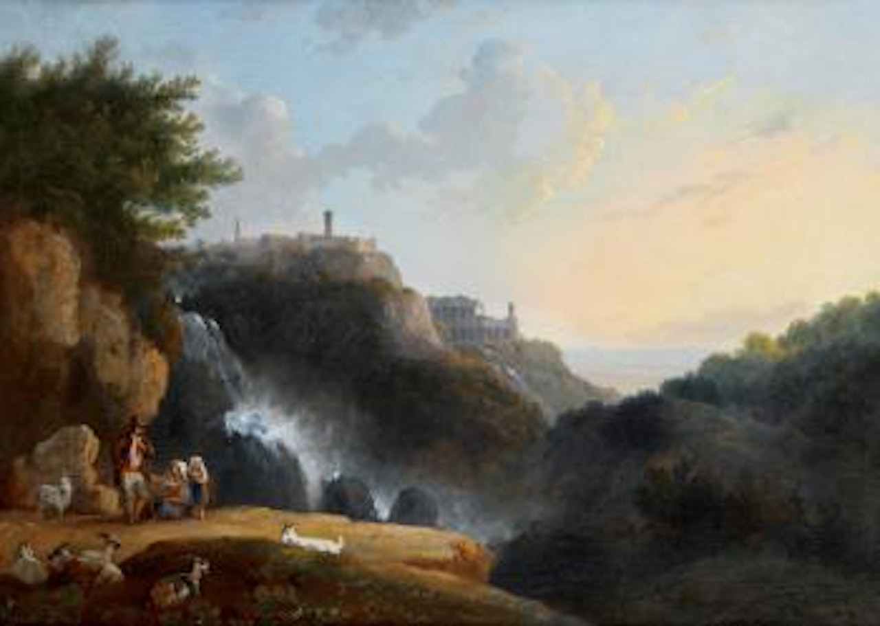 A shepherd and shepherdesses grazing their herd before the Cascatelle at Tivoli with the ruins of the Sanctuary of Hercules Victor by Thomas Jones