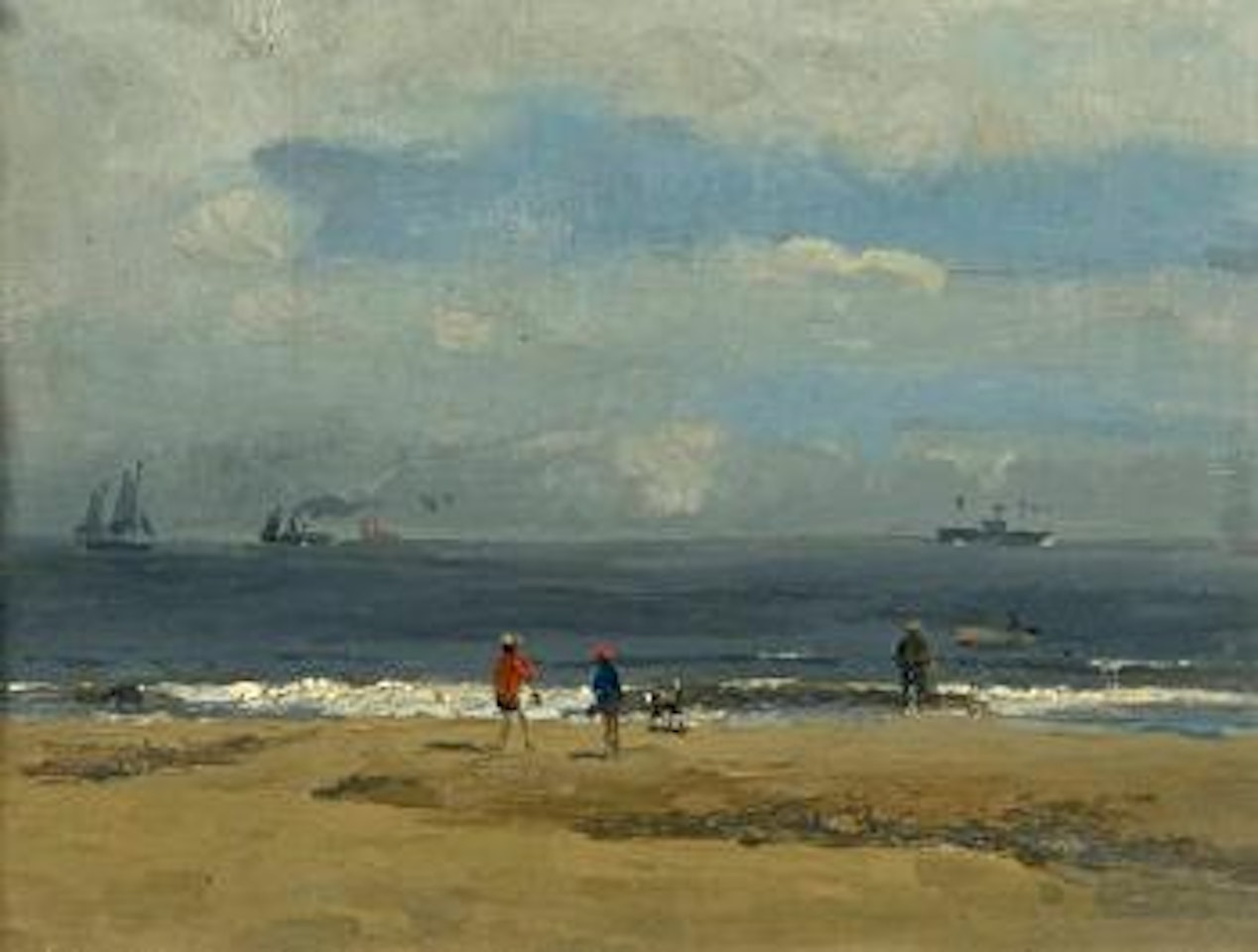 Figures on a beach with distant shipping by Campbell Mellon
