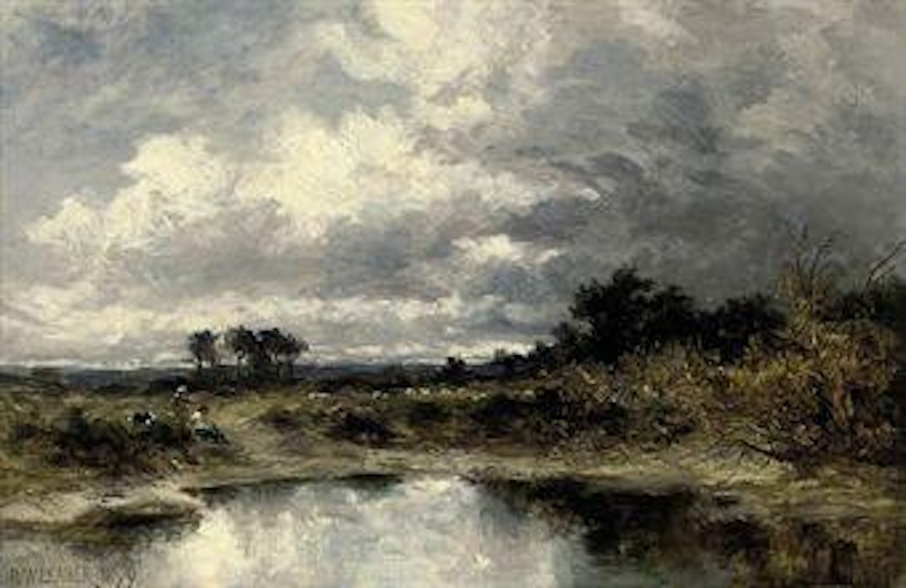 Two figures and their dog beside a pond by Benjamin Williams Leader