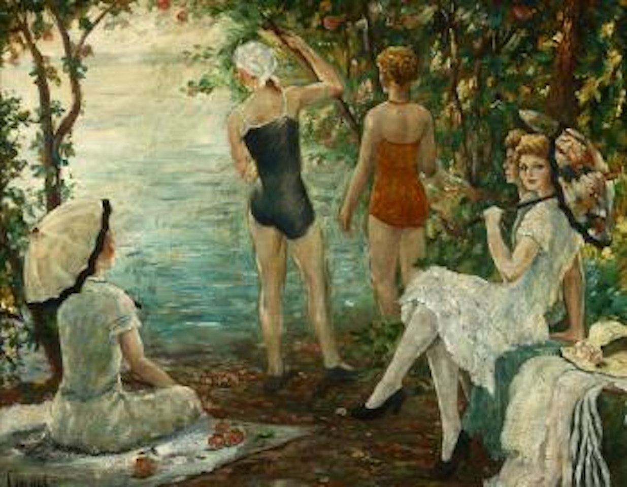 Ladies lounging and bathing near a lake by Edward Cucuel