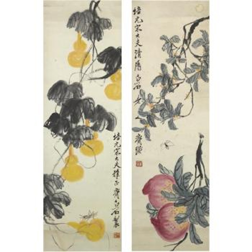 A Butterfly Amongst Flowering Branches Peaches And A Cricket Amongst Branches Of Gourds by Qi Baishi