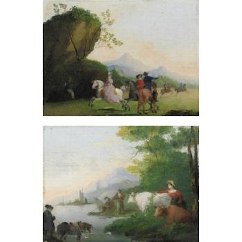 Paesaggio Con Cavalieri; Paesaggio Fluviale Con Contadini E Pescatori by Giuseppe Bernardino Bison