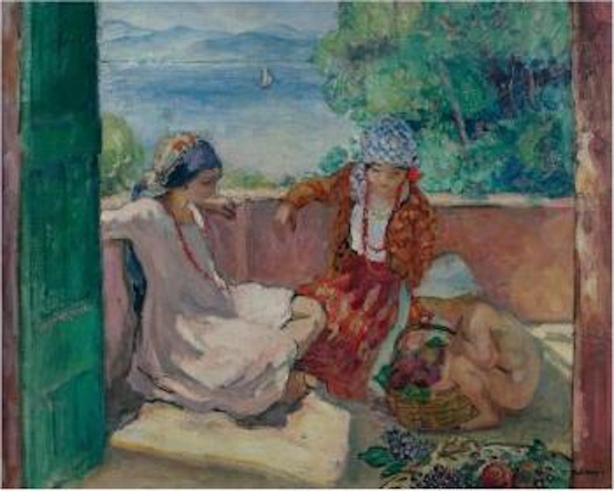 Jeunes femmes assises et enfant sur la terrasse à Sainte-Maxime (Les enfants Lebasque) by Henri Lebasque