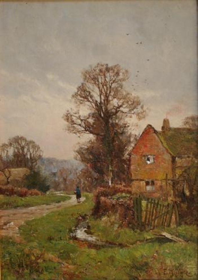 Figure on a path by a farmhouse by Edward Wilkins Waite