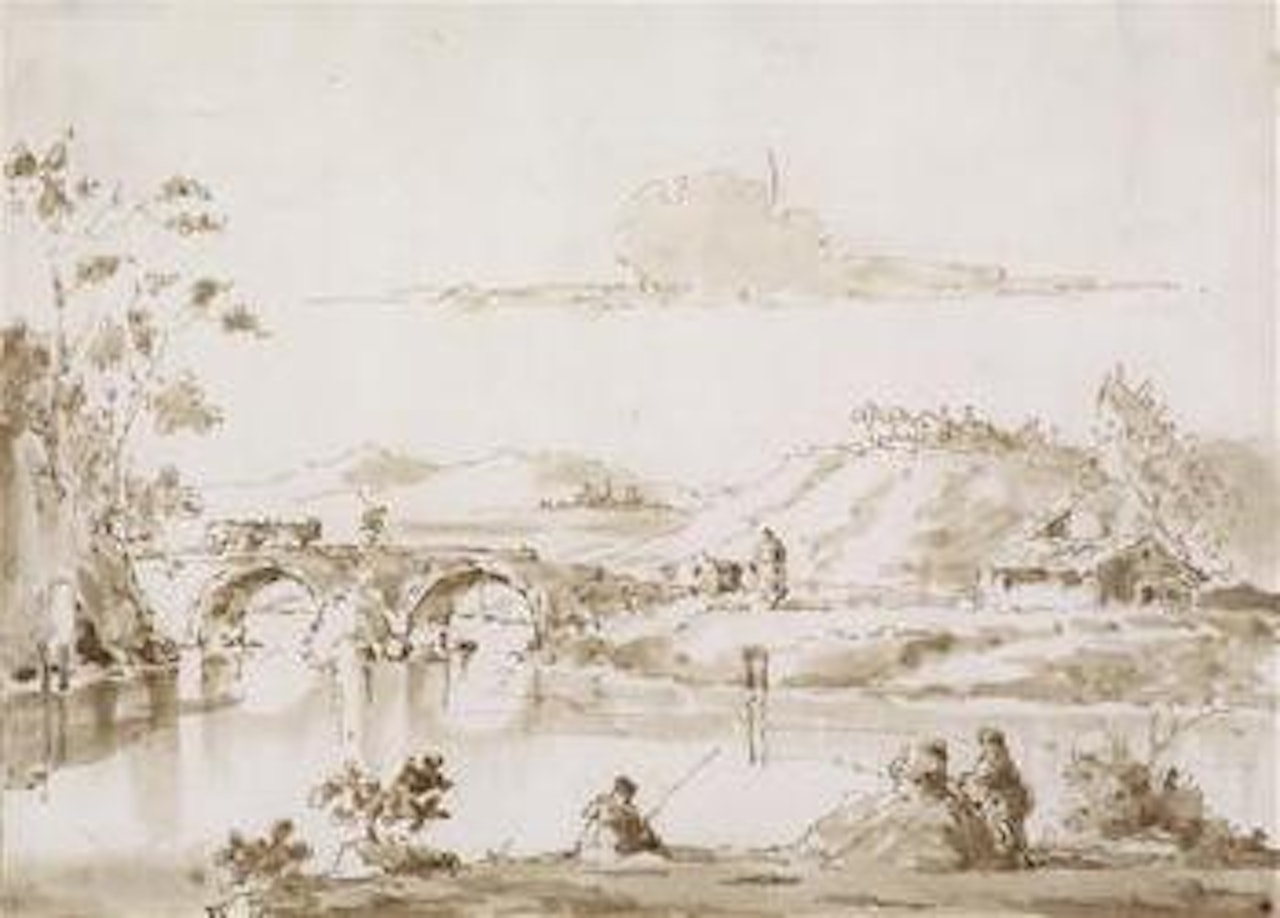 A river landscape with a bridge and anglers by Francesco Guardi