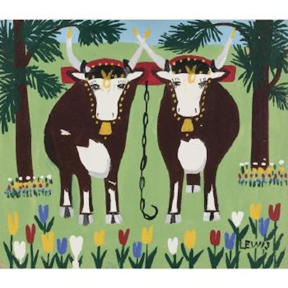 Team Of Oxen Under Spruce by Maud Lewis