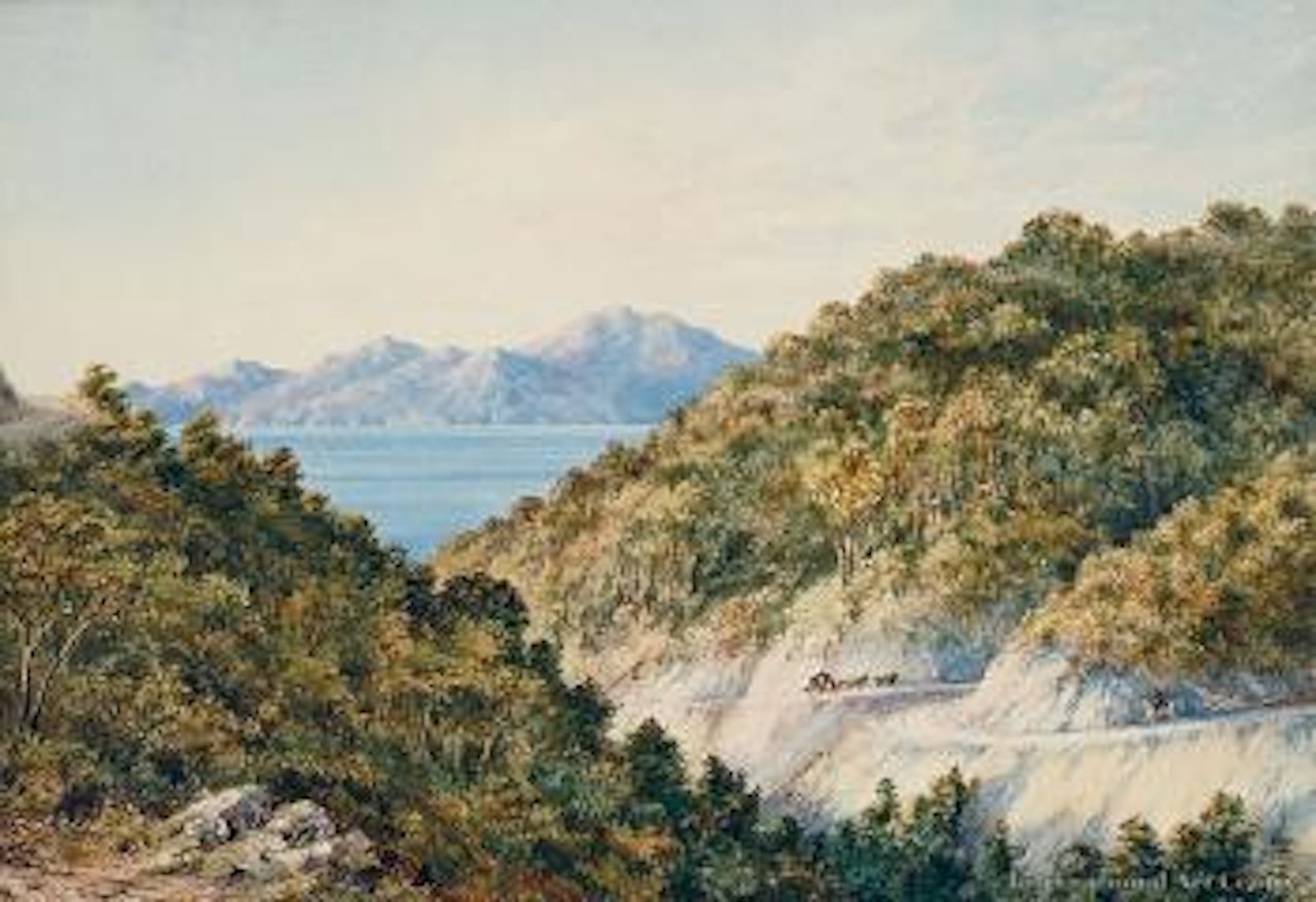 Cobb & Co Royal Mail Stage Coach, Paekakariki Hill towards Mana Island, Wellington by Charles Decimus Barraud
