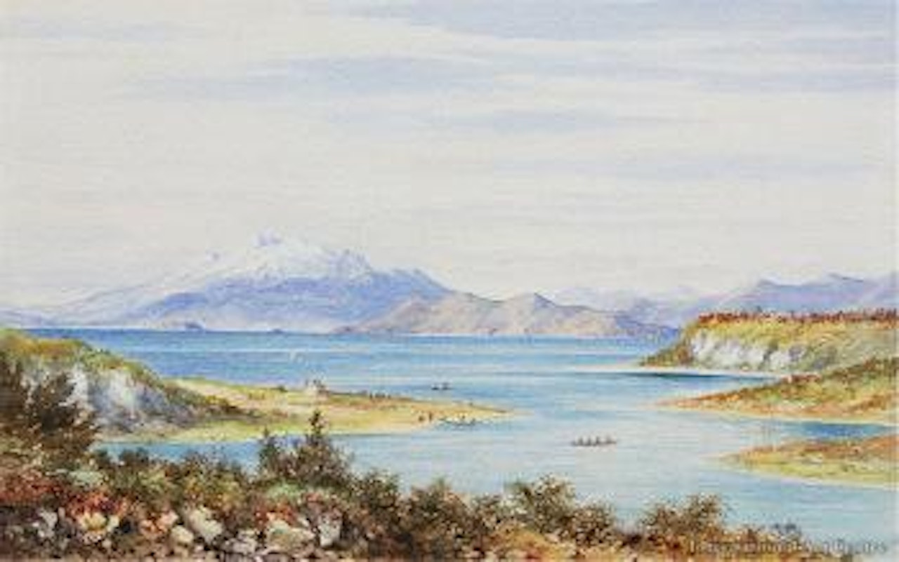 Lake Taupo with Maori Village and Waka by Charles Decimus Barraud