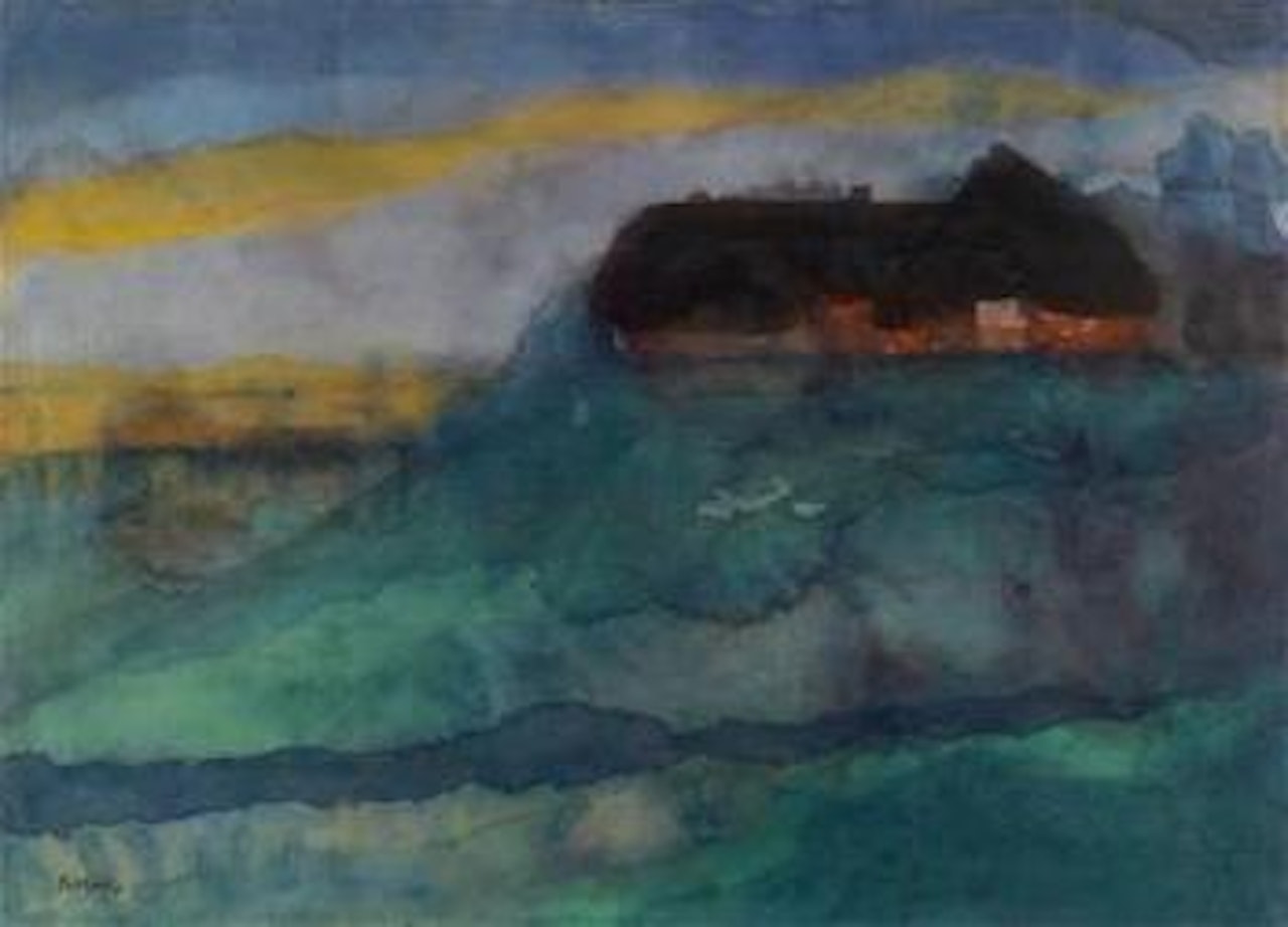 Marsh landscape with farmhouse on a mound by Emil Nolde