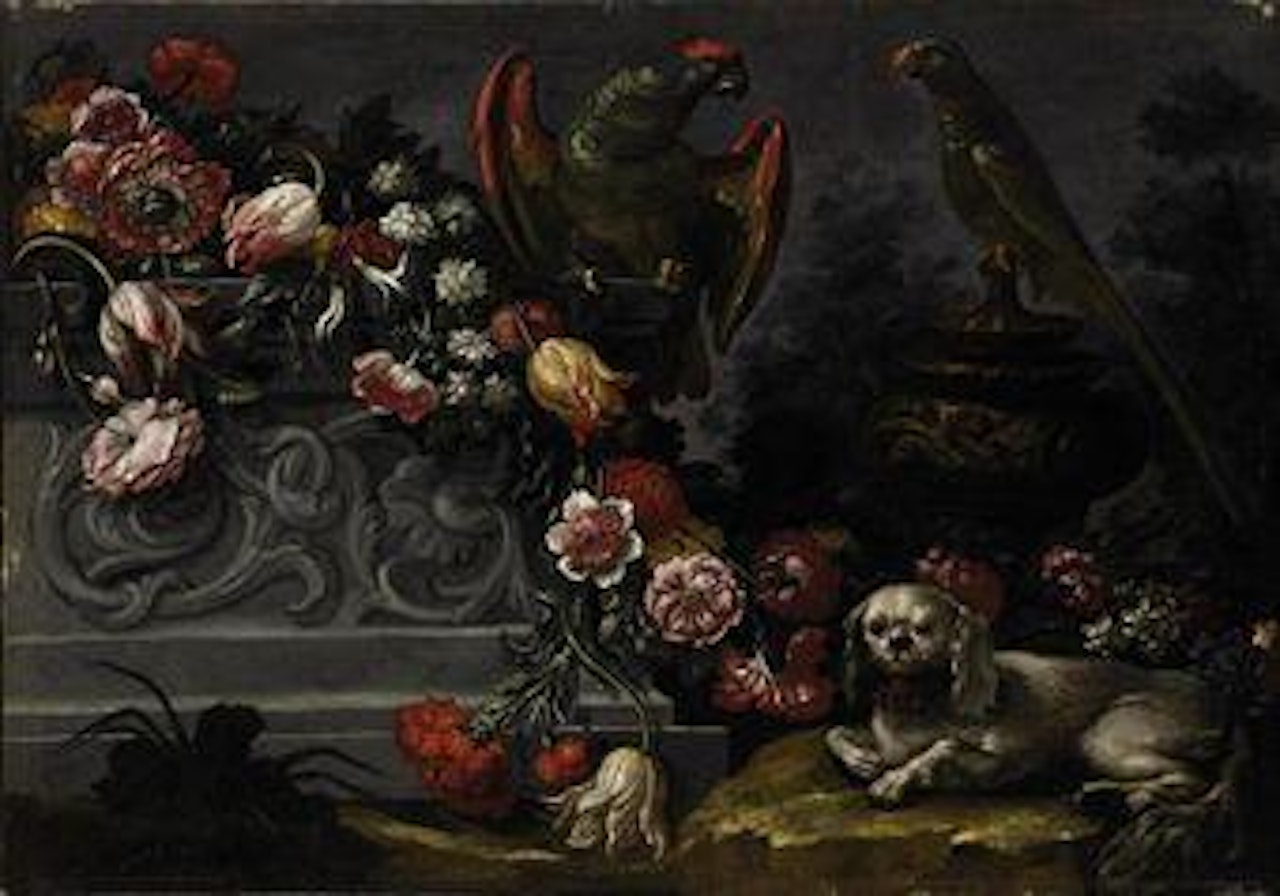 Fiori su un piano di marmo, con un cagnolino by Italian School