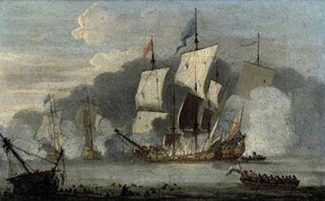 The battle of Solebay, 28th May 1672 (illustrated); and Unloading barges at low tide at dusk by Peter Monamy