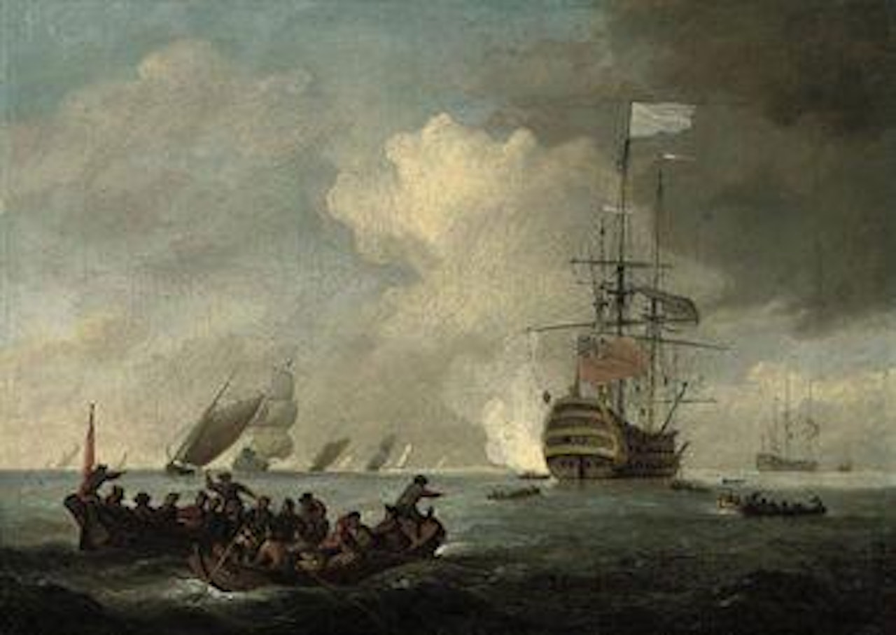An English three-decker signalling its departure from the anchorage by Francis Swaine