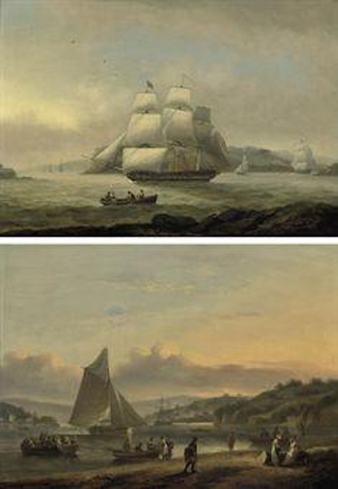A Royal Navy frigate in Plymouth Sound off the Hamoaze; and Small craft on the river at Teignmouth, Devon (both illustrated) by Thomas Luny