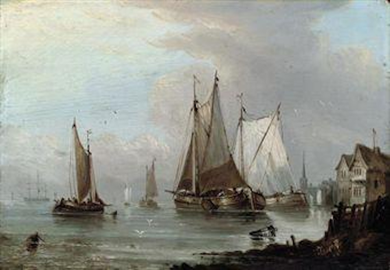 Barges off a Low Countries port by Charles Martin Powell