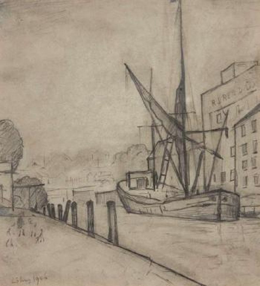 Norwich, Mensum River Sketch with Barge, Warehouse of R.J. Read Ltd right centre by Laurence Stephen Lowry