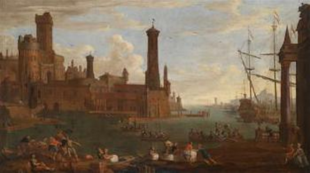 Southern seaport with numerous figures by Pieter van de Velde