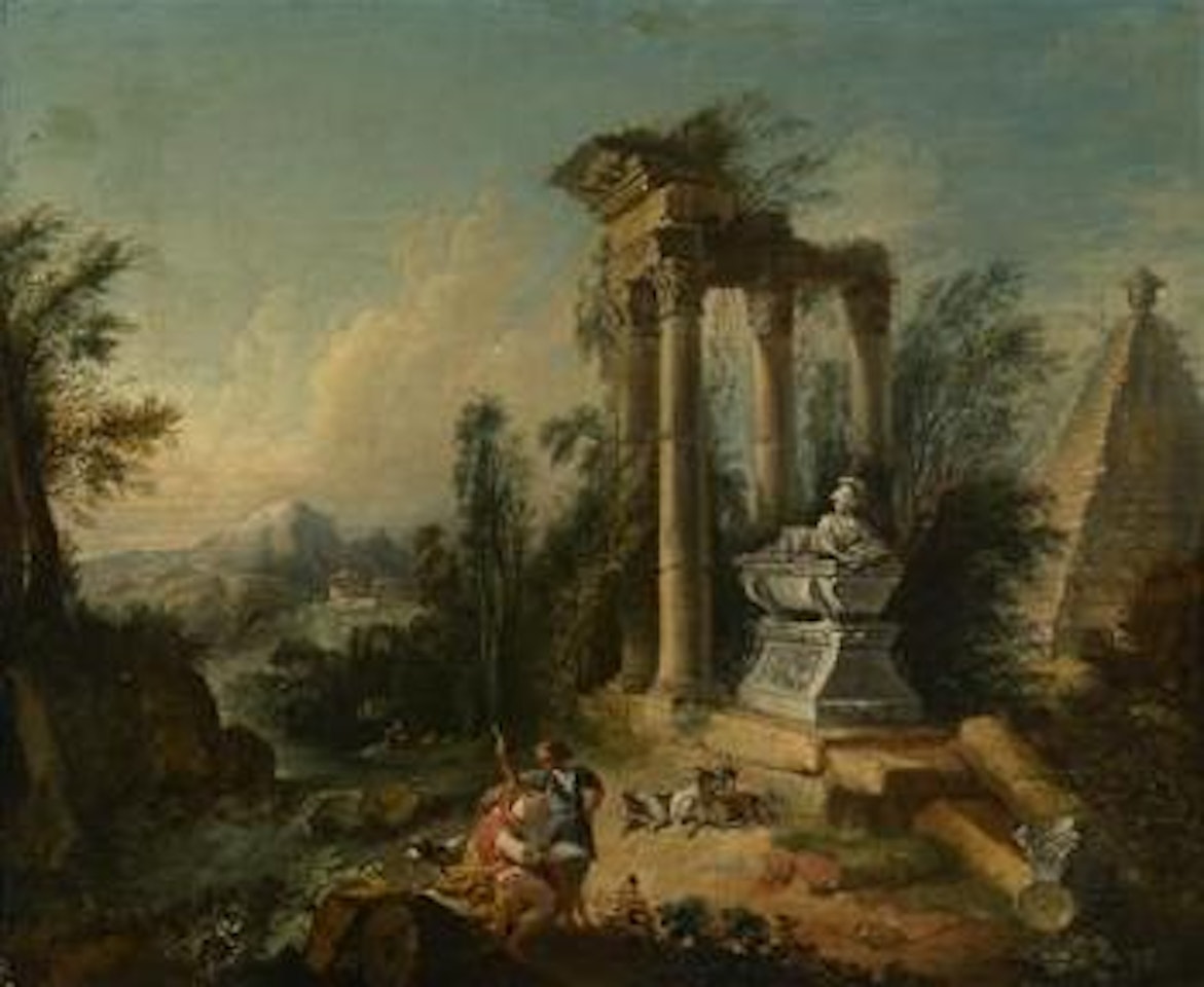 Southern landscape with Roman ruins and shepherds by Hubert Robert