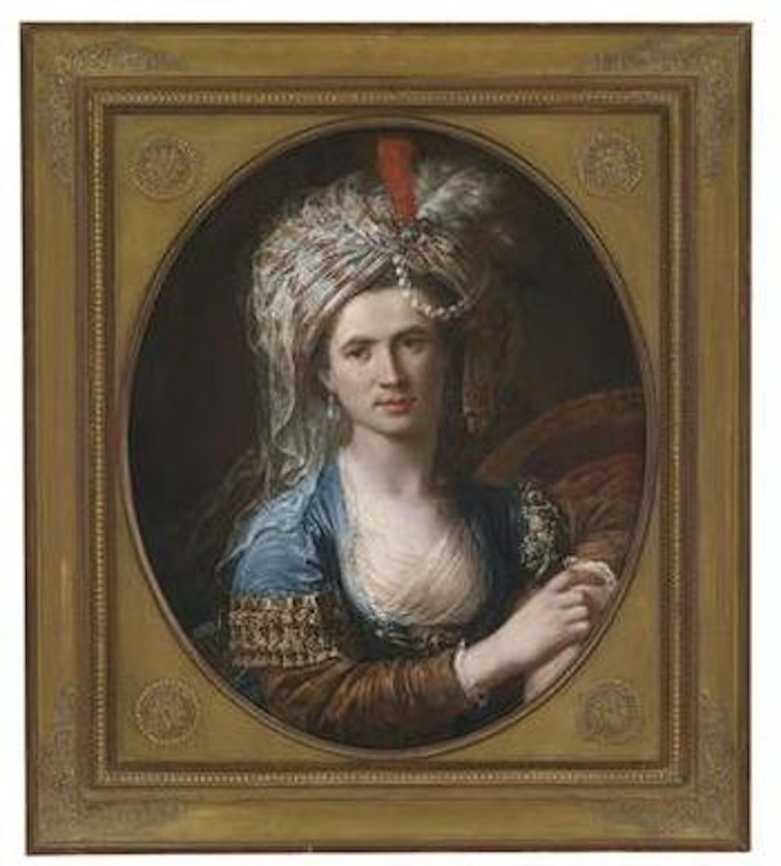 Portrait of a fashionable lady in Turkish costume, wearing a turban set with pearls and a blue dress by French School