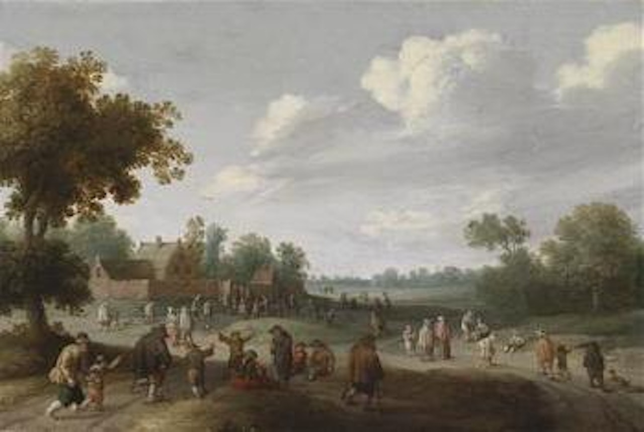 Landscape with numerous figures outside a farmstead by Joost Cornelisz Droochsloot