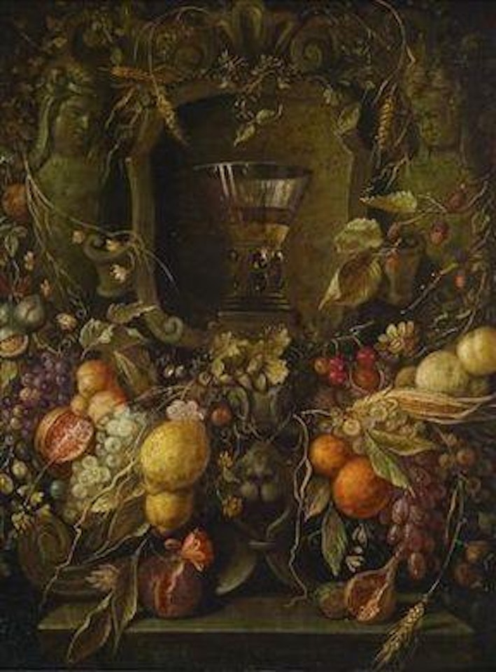 A garland of fruit surrounding a sculpted stone niche enclosing a Berkemeyer glass by Cornelis de Heem