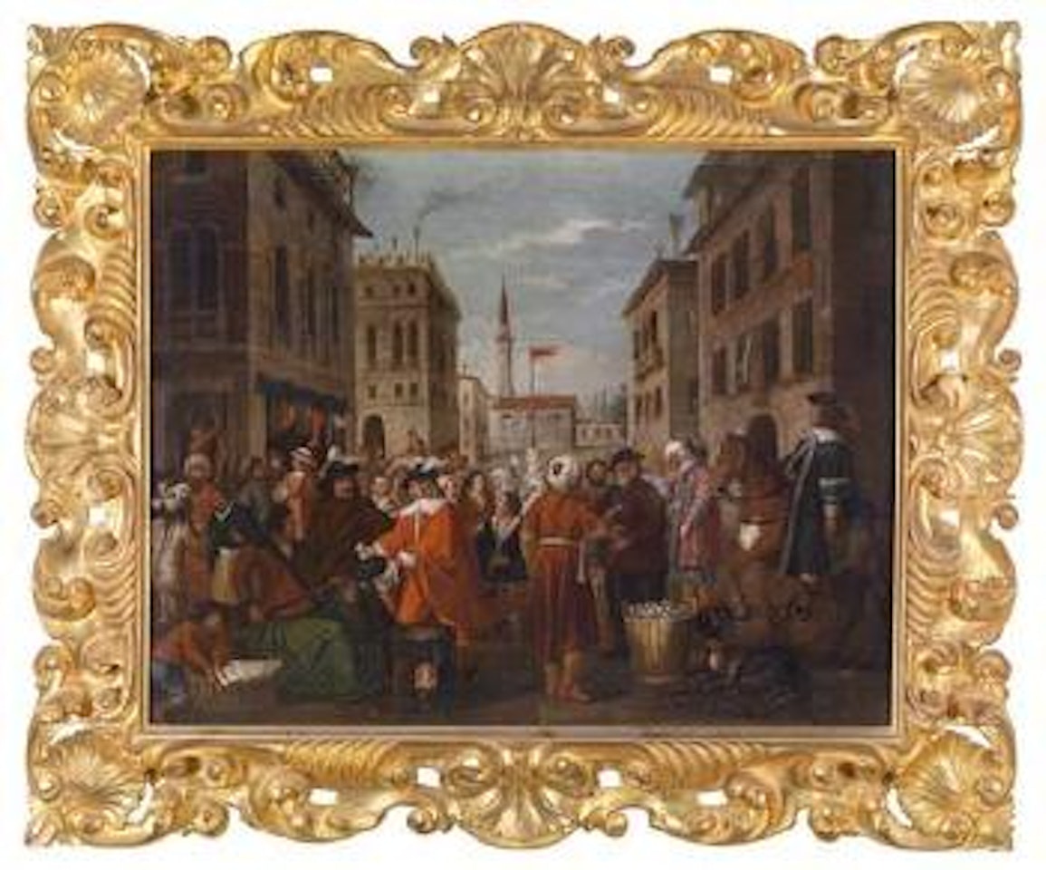 A crowded market scene by Theodor Helmbreker