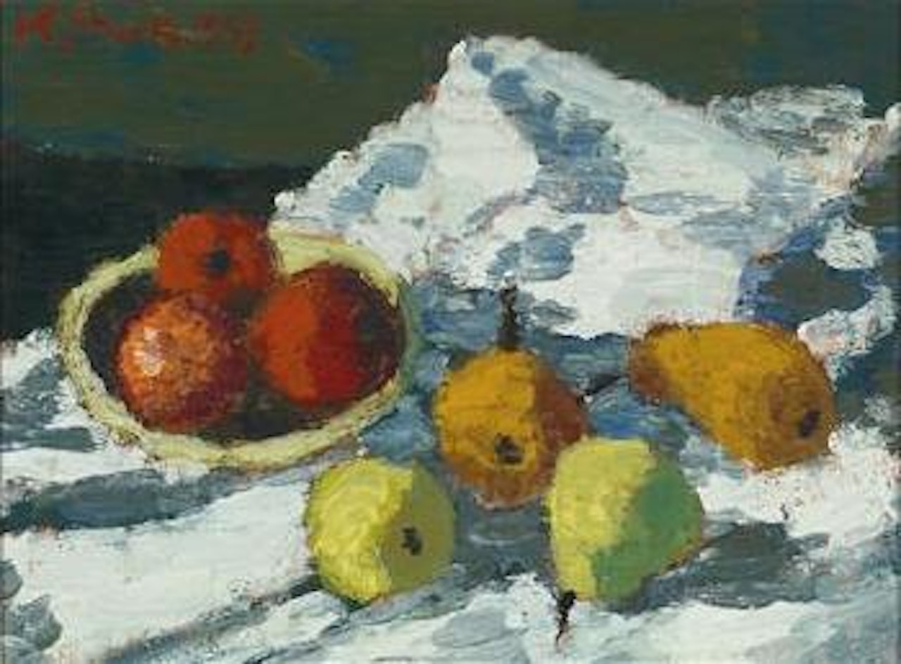 Still life with fruits on a white cloth by Karl Stark