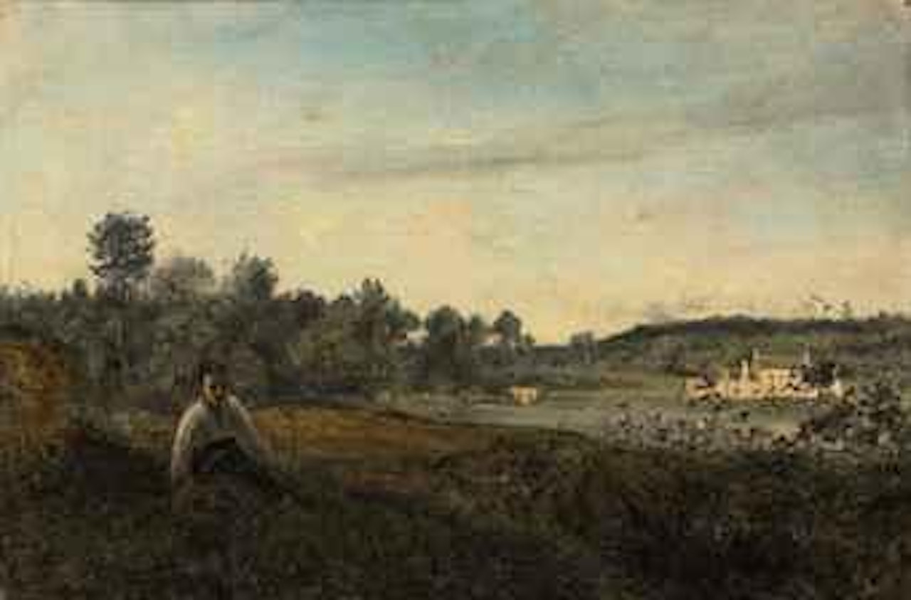 Jeune pâtre assis en vue de l'étang by Jean Baptiste Camille Corot