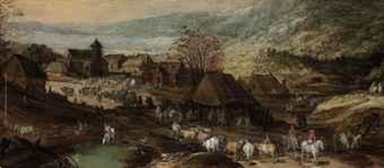 A village with figures, cattle and horses, mountains beyond by Jan Brueghel by Joos de Momper the Younger