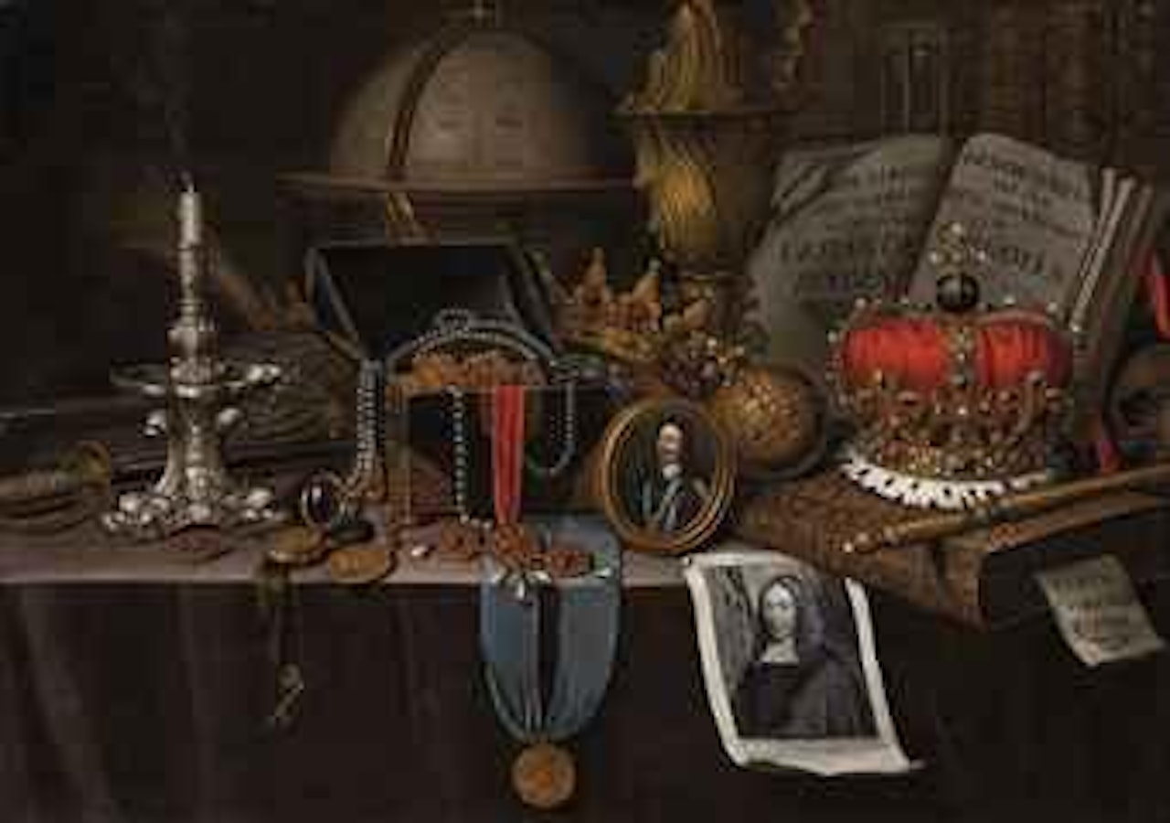 A Vanitas with a medallion of Henri IV of France, a candlestick, globe and other objects, on a draped table by Edwaert Collier