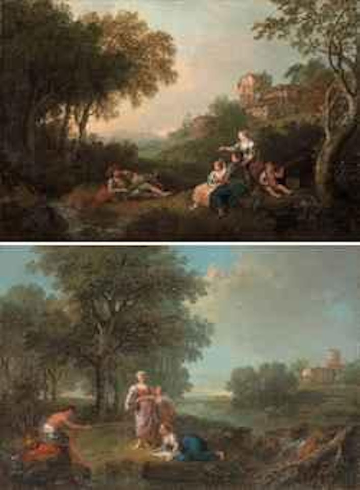 A wooded river landscape with figures resting and fishing, cattle watering at a river in the distance; and A wooded landscape with figures resting and fishing by a stream by Francesco Zuccarelli