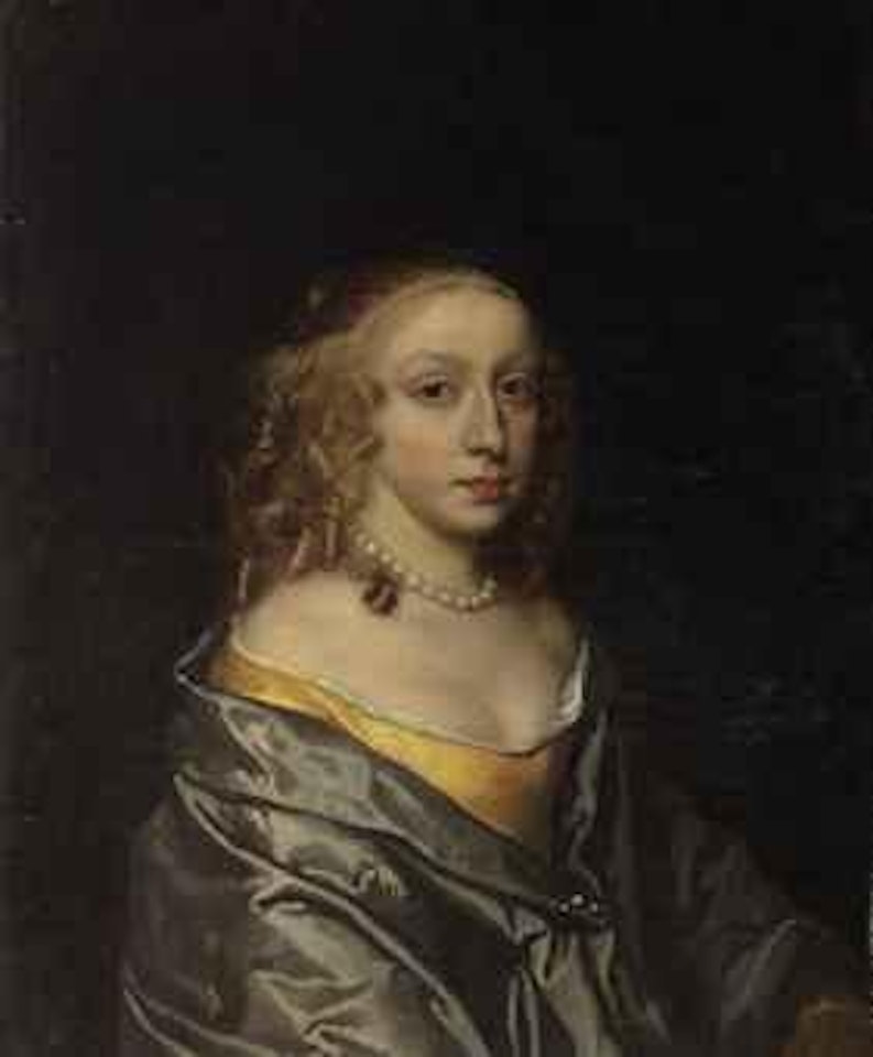 Portrait of Mary Lee, wife of Sir John Morley, half-length, in a yellow dress and blue mantle, with a pearl necklace by Sir Peter Lely