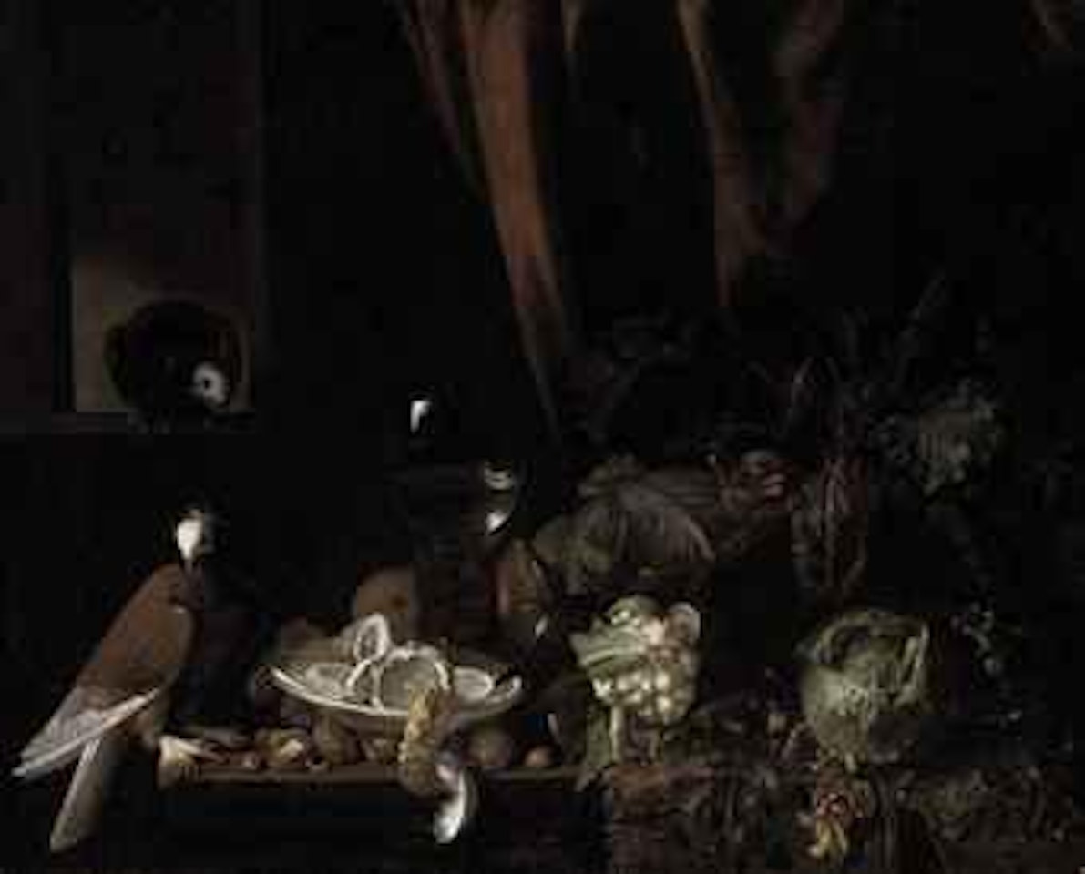 Doves, nuts, lemons, a roemer, cauliflowers and foliage on a table by Flemish School