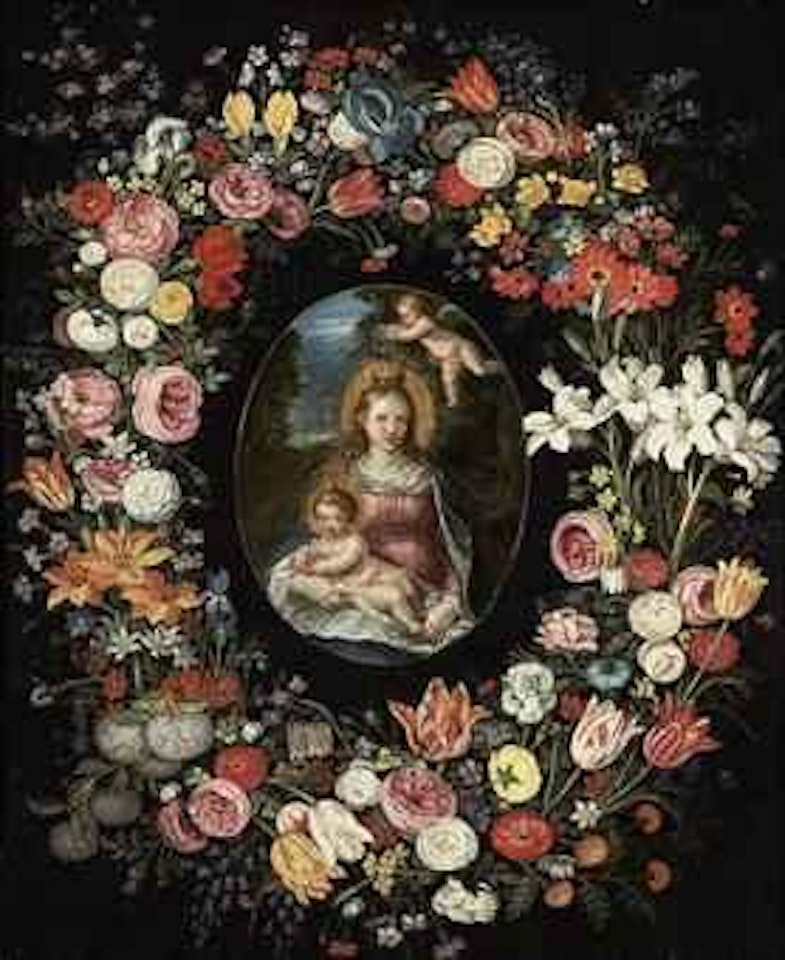 The Virgin and Child in a feigned cartouche, surrounded by a garland of flowers by Jan Brueghel by Frans Francken II