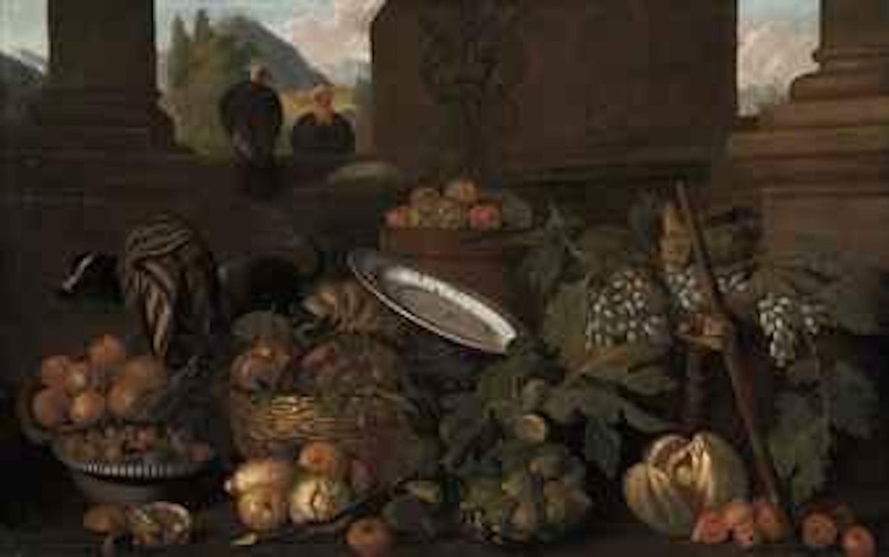 Peaches, pears, apples, lemons, figs and grapes, in baskets, with a dog and two turkeys, in a classical architectural setting, a landscape beyond by Pier Francesco Cittadini