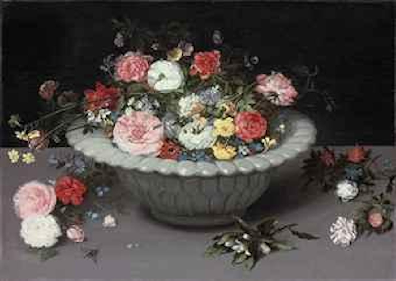 Roses, tulips, daffodills, ranunculus and other flowers, in a celadon vase, on a table by Jan Brueghel the Younger