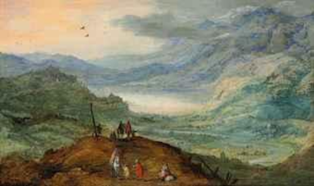 An extensive mountainous landscape with figures on a path, a river valley beyond by Jan Brueghel by Joos de Momper the Younger