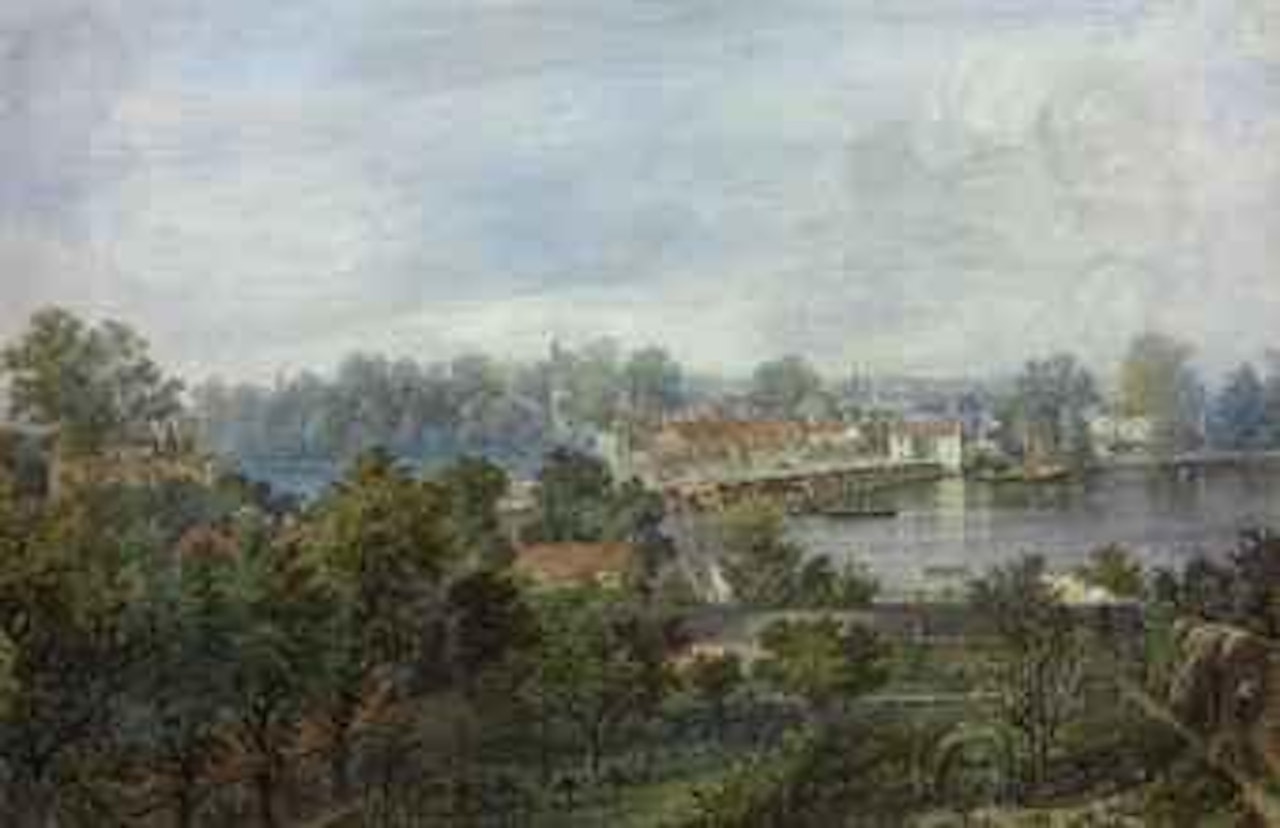 Old Putney bridge looking towards Fulham, showing the gothic villa, Brewhouse Lane, the gardens at the west end of The Cedars, the Toll House, Willow Bank and All Saints' Church, London by English School