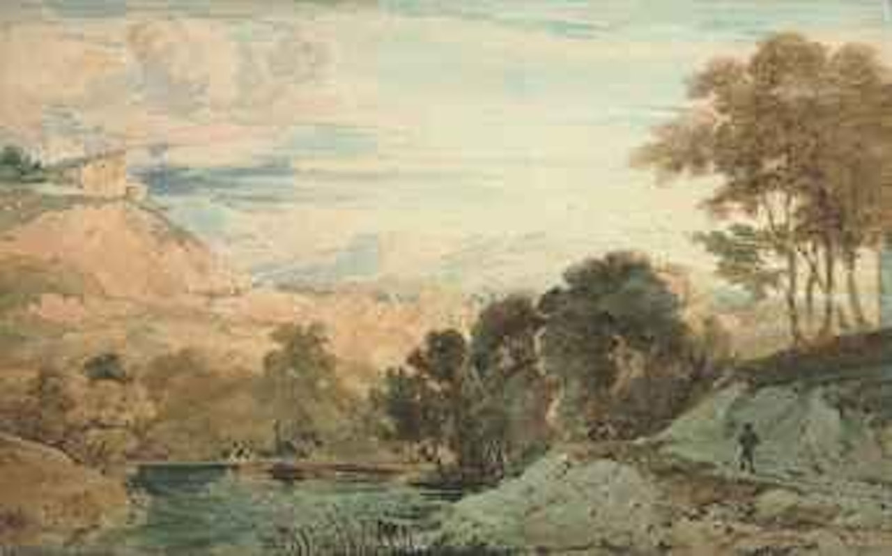 An angler by a wooded river in an extensive landscape, with buildings on a hill beyond by Thomas Girtin