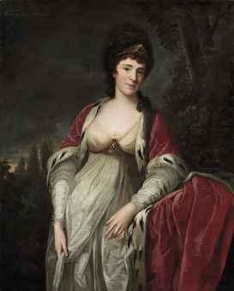 Portrait of Henrietta Sebright, Lady Harewood, three-quarter-length, in peeress's robes, in a wooded landscape by Angelica Kauffmann