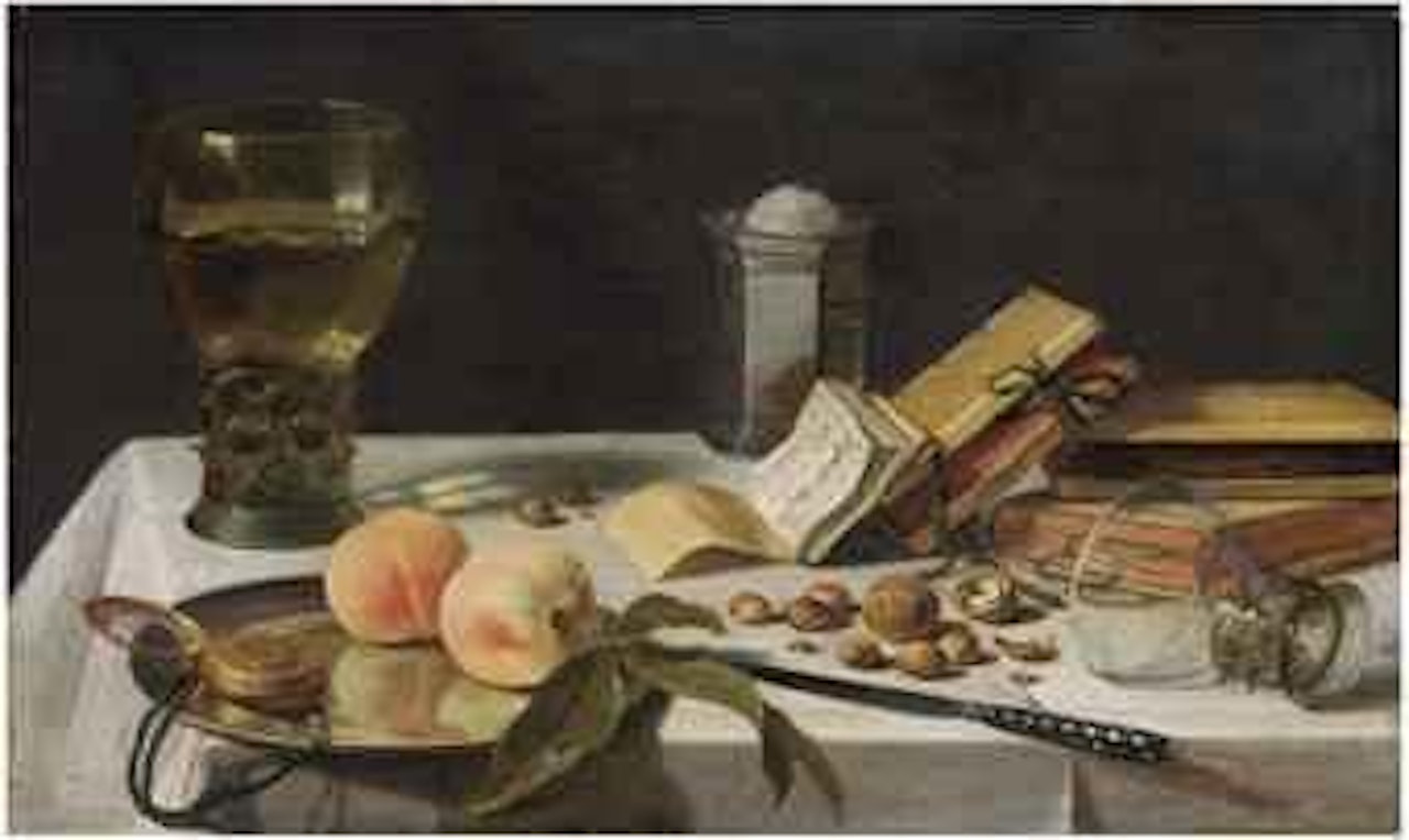 Two peaches, a watch, a roemer filled with wine, a salt cellar, books and chestnuts on a draped table by Pieter Claesz