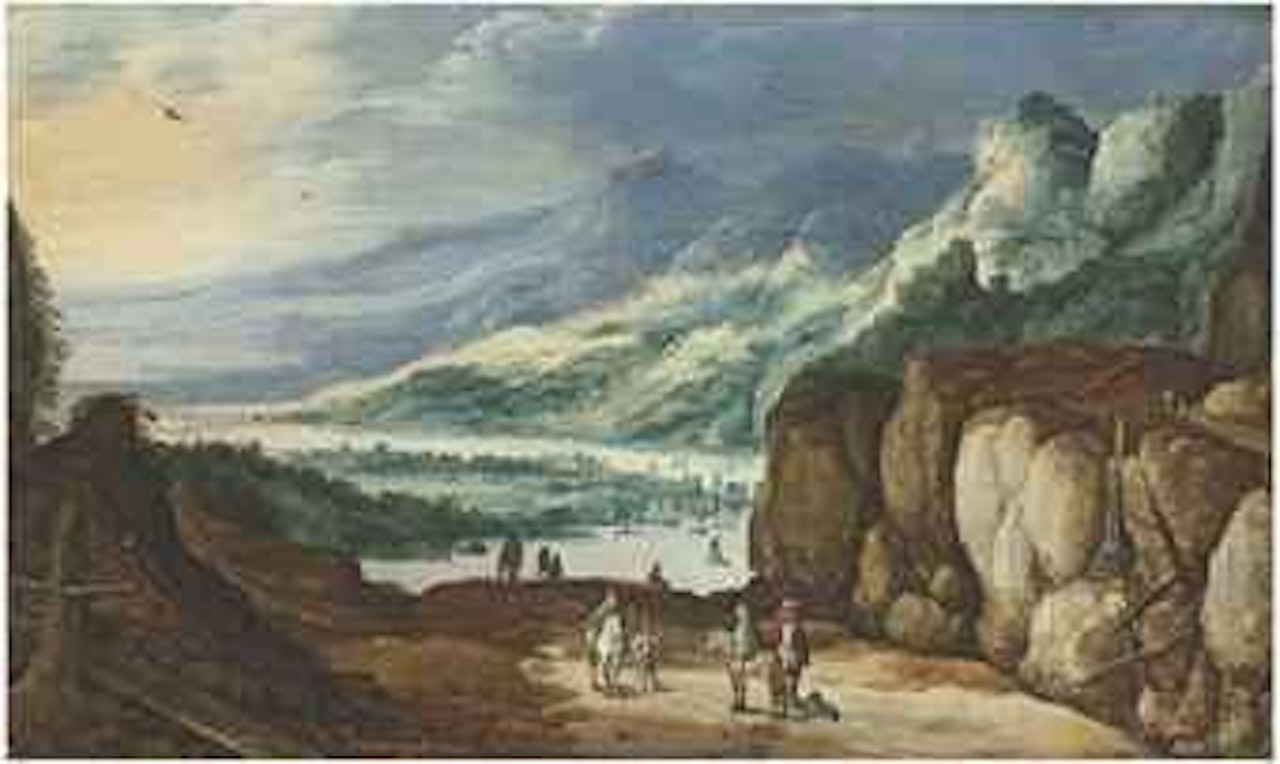 An extensive river landscape with horsemen on a path and mountains beyond by Joos de Momper the Younger