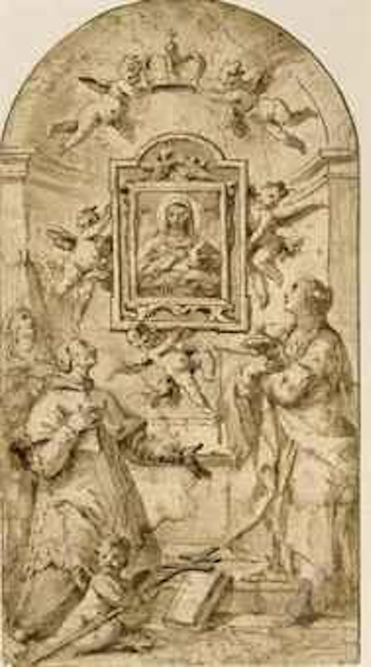An image of the Madonna and Child supported by putti and adored by saints including Saint Filippo Neri and Saint Mary Magdalene by Gaspare Diziani