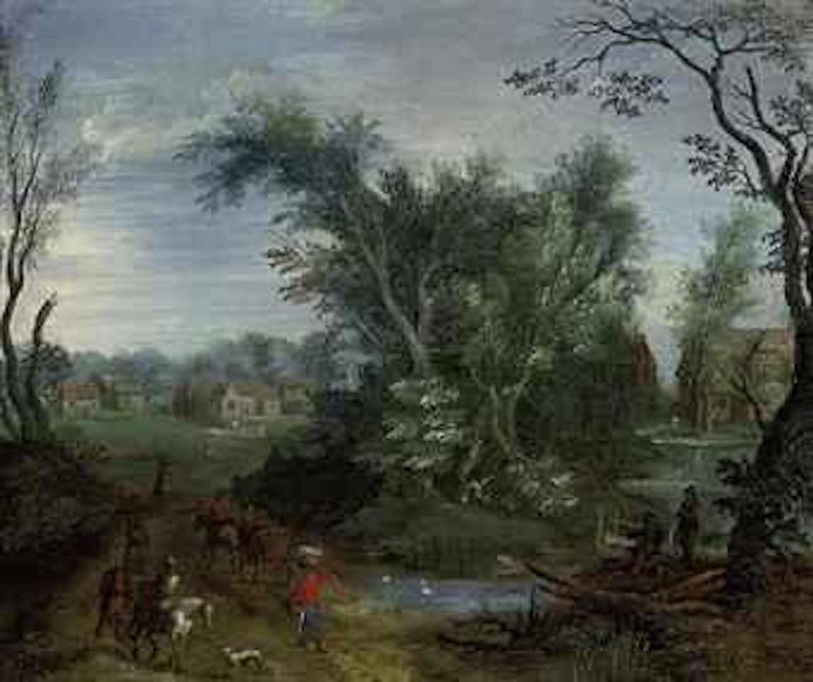 A wooded river landscape with peasants on a track, a village beyond by Adriaen van Stalbemt